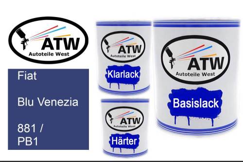 Fiat, Blu Venezia, 881 / PB1: 1L Lackdose + 1L Klarlack + 500ml Härter - Set, von ATW Autoteile West.